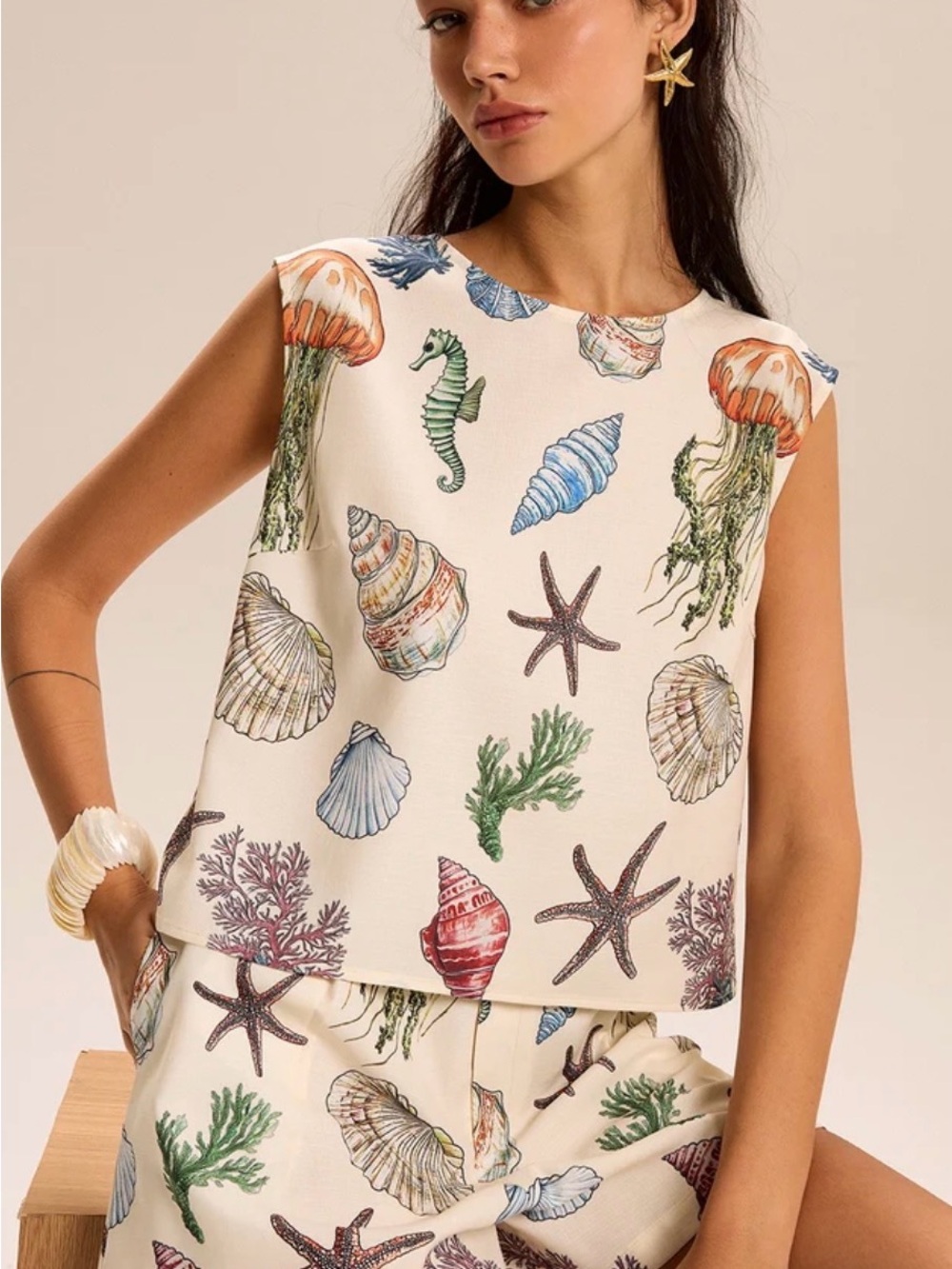 Commense Seashell Print Sleeveless Tank Top - Cream with Multicolor Shells